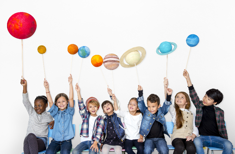 Kids with planets above their heads